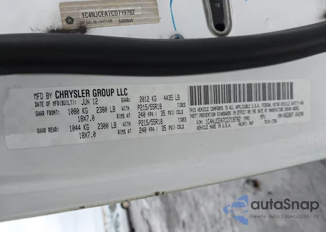 2012 Jeep Compass Latitude z USA, uszkodzony, nr VIN 1C4NJCEA7CD719782